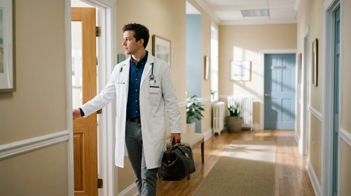 Jeune médecin remplaçant arrivant dans un cabinet